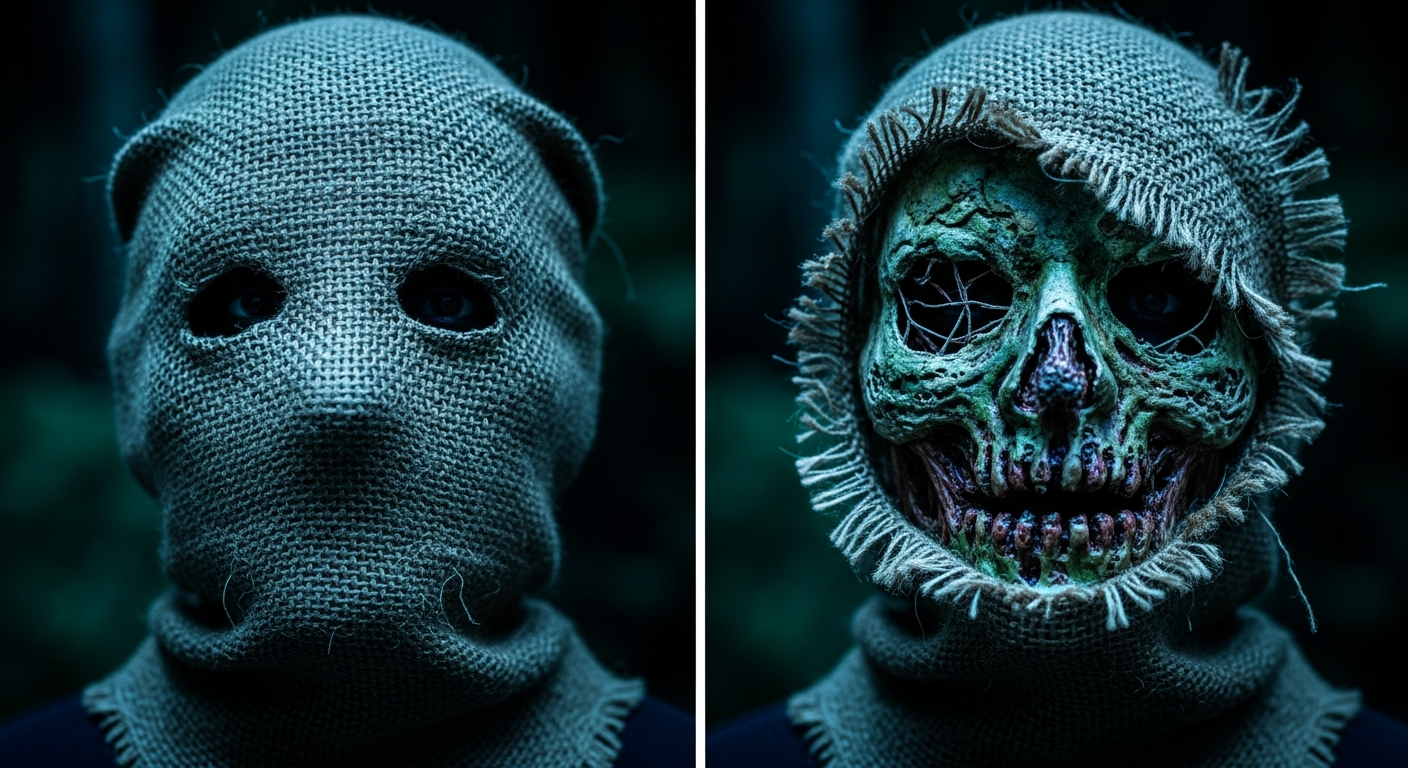 A burlap mask shown twice, once with the cover on and once lifted to reveal the decayed face beneath