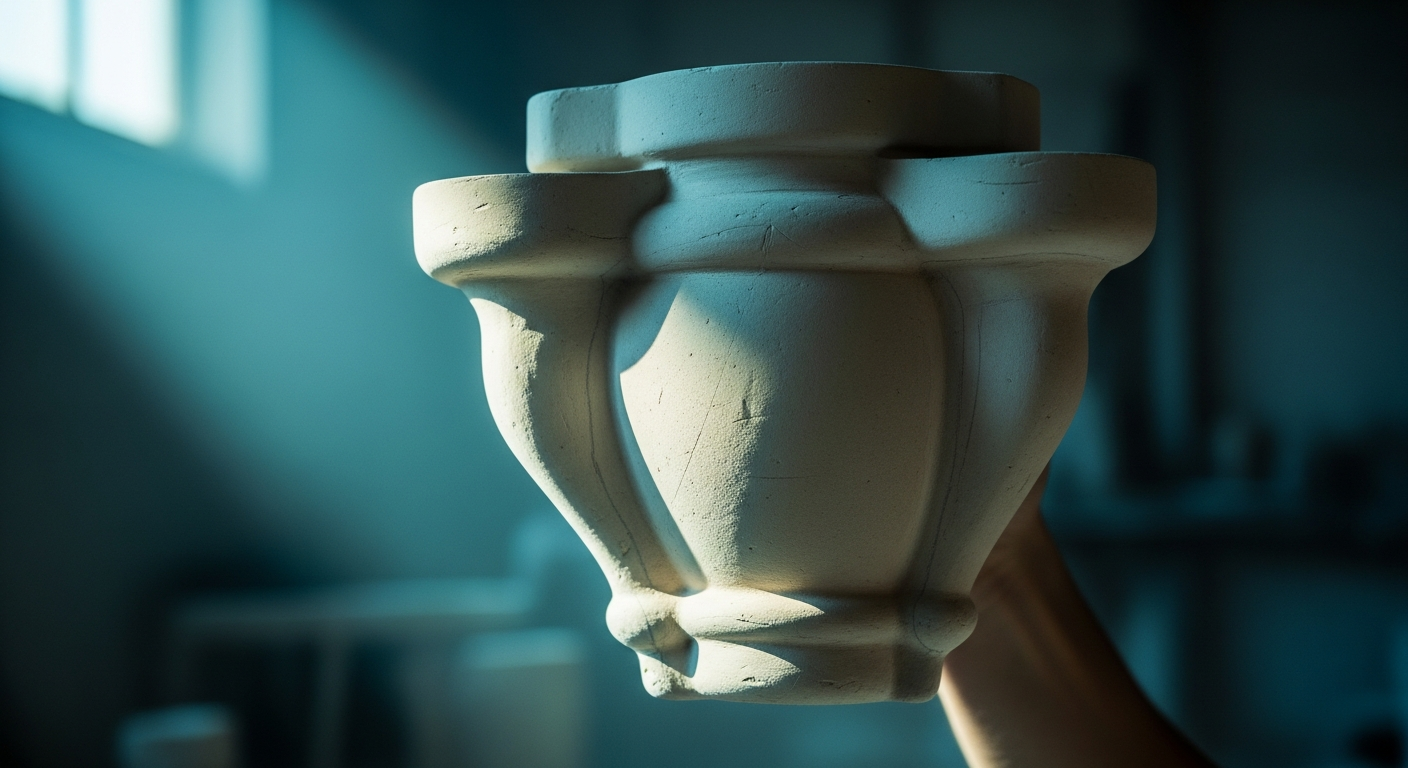 A freshly demoulded raw casting, pale and unpainted, held up to the light