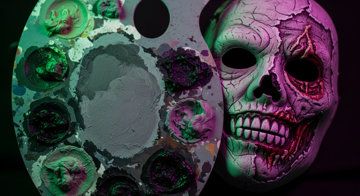 A painting palette of greens, greys and purples beside a partly painted zombie mask