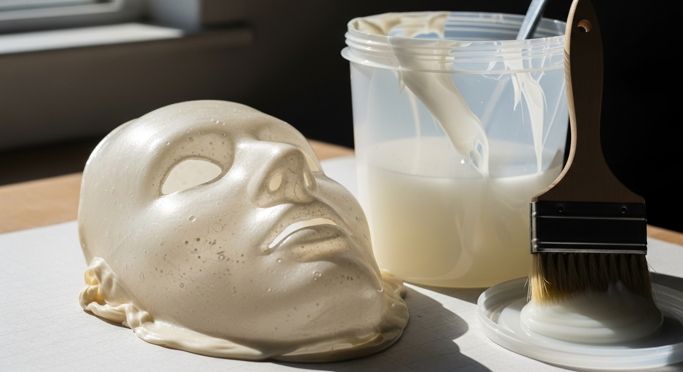 A raw latex mask casting beside a tub of liquid latex and a brush