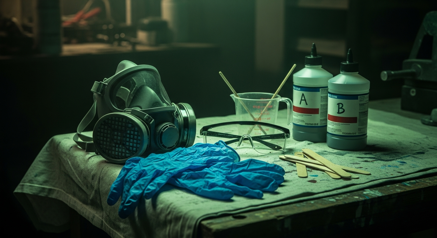 A respirator, nitrile gloves and safety glasses laid out beside a resin kit on a covered bench