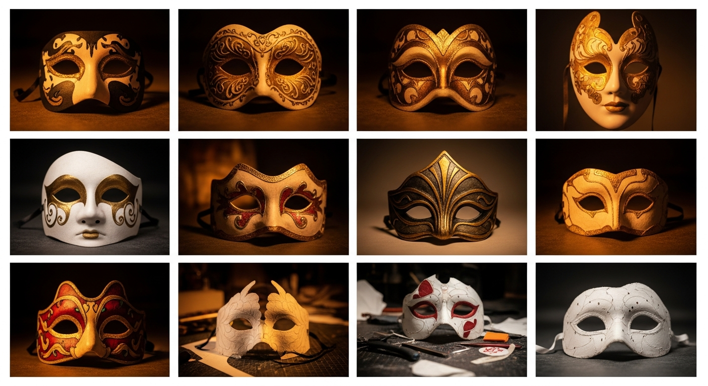 A tidy grid of well lit portfolio photos showing several finished masks and a couple of work in progress shots