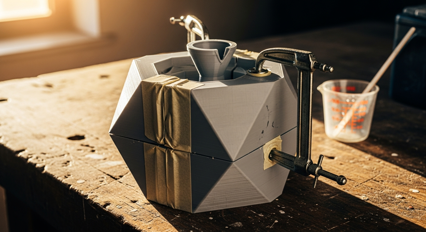 A two-part 3D-printed mould clamped shut with the seam sealed, ready to pour