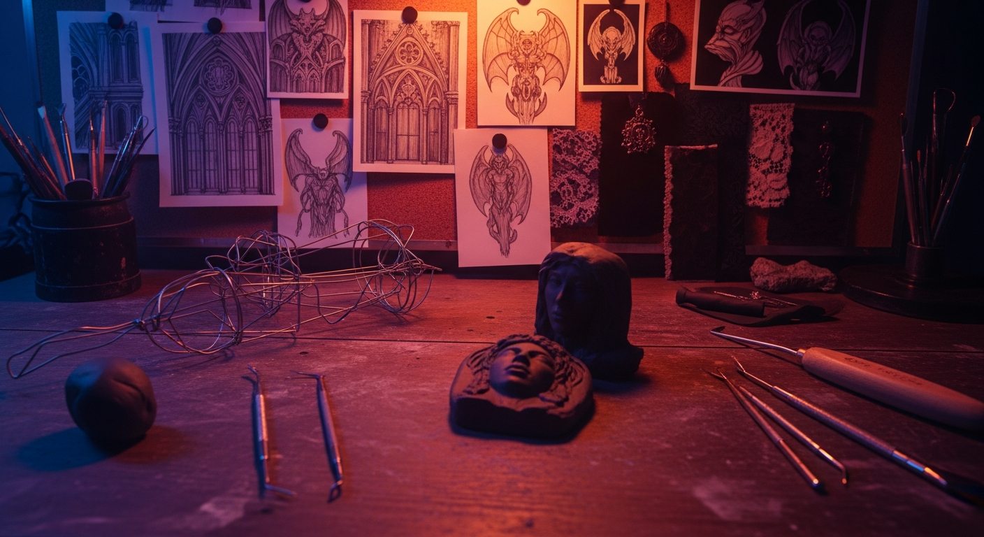 A workbench with reference sketches, a moodboard and sculpting tools laid out under warm light