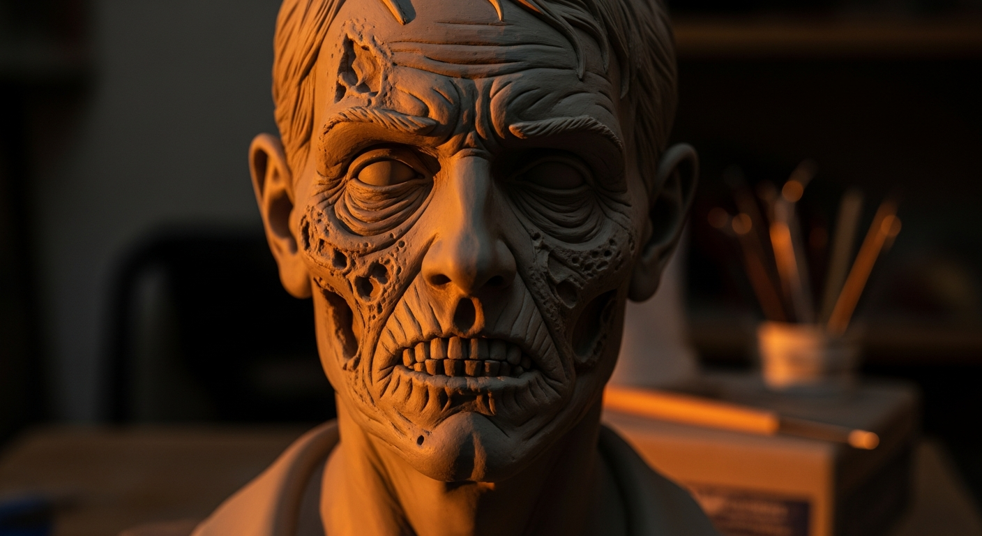 A zombie sculpt in progress showing a torn cheek and exposed cheekbone