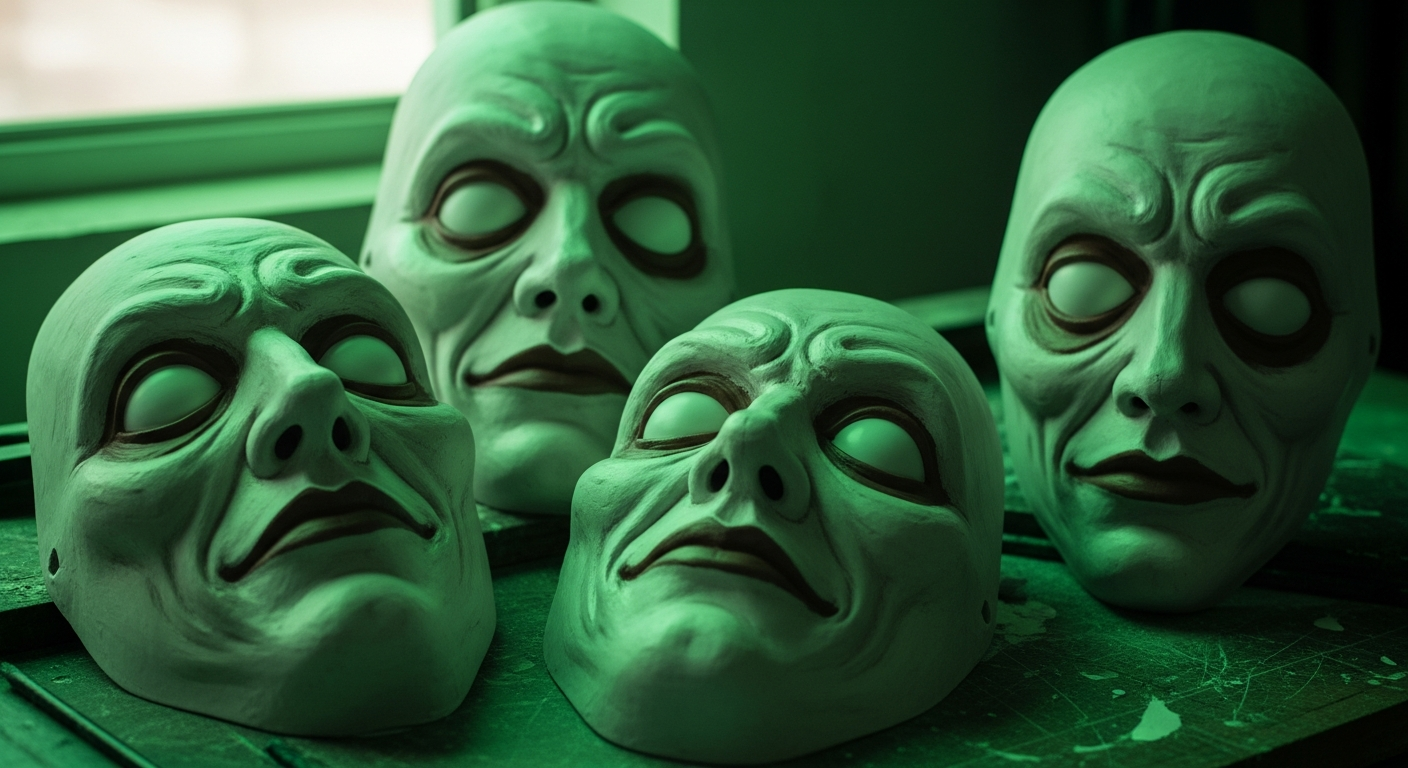 Concept sketches of distorted, surreal mask faces with off proportions and blank eyes