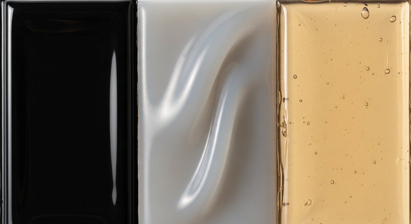 Side by side close ups of latex, silicone and gelatin samples showing the difference in finish