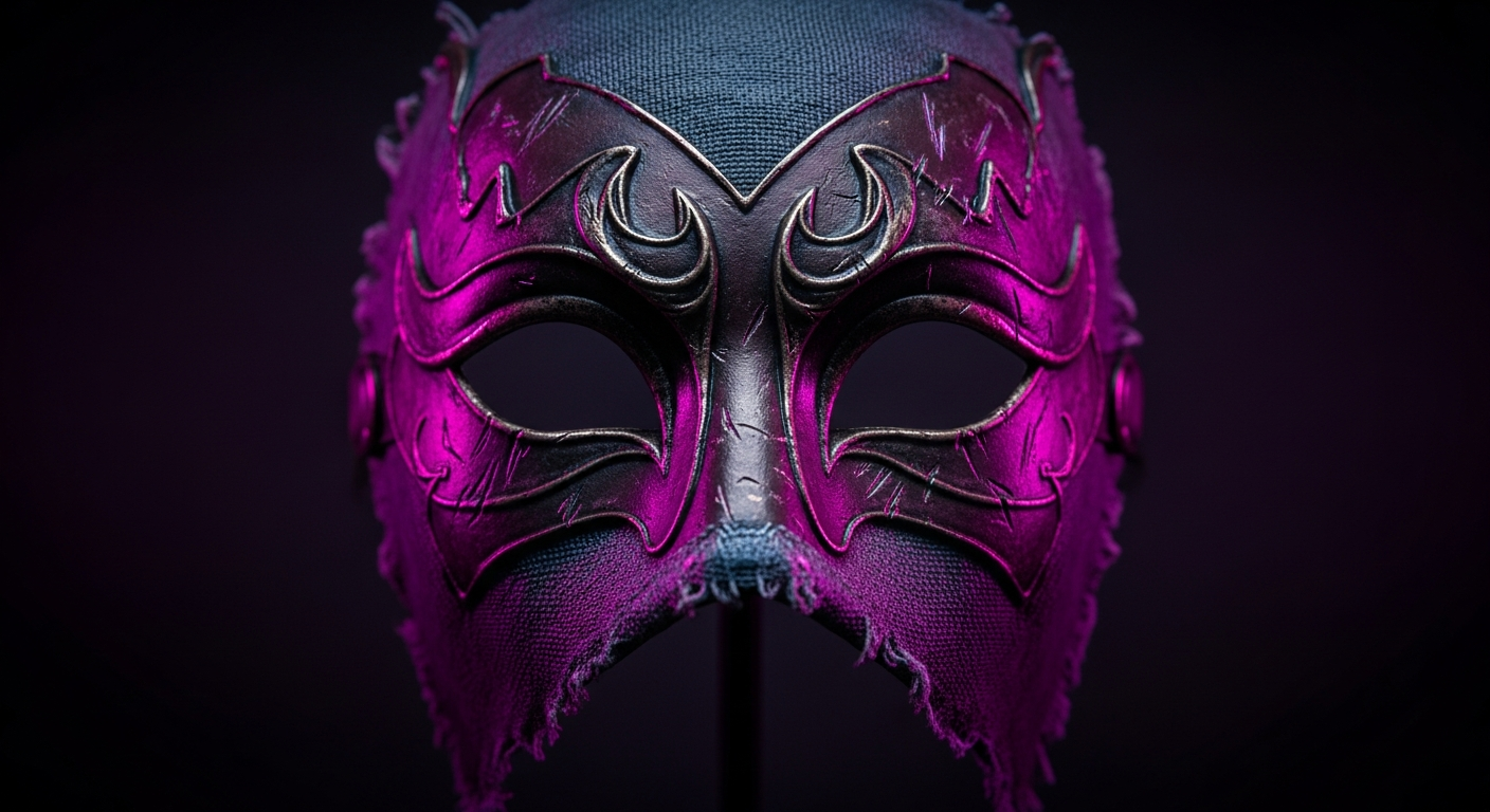 The finished mask photographed under dramatic, moody lighting against a dark background